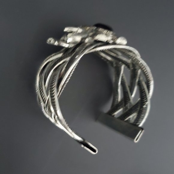 Brutalist Wide Cuff Bracelet Rustic Silver Tone Elephant Applique Woven Design - Picture 7 of 9